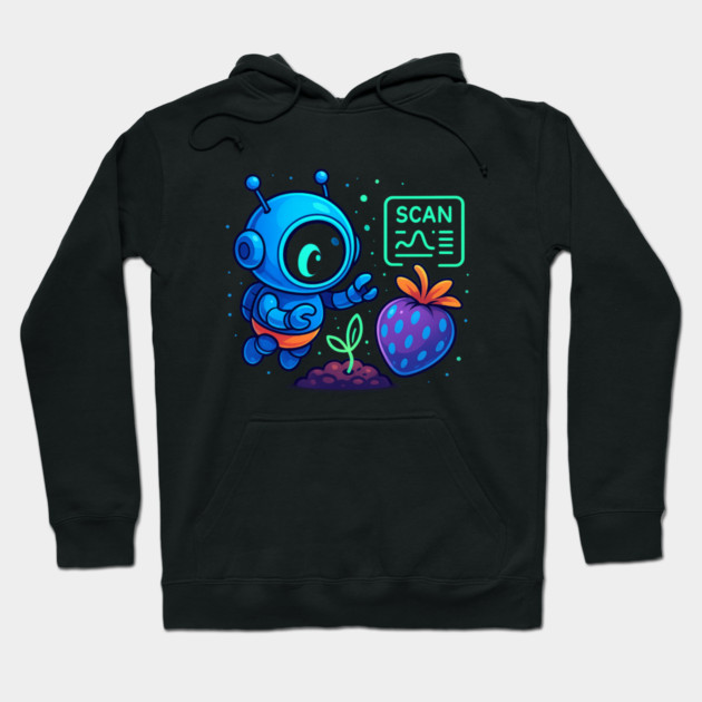 Cute Robot Scanning Sprout and Berry • Adorable Sci-Fi Nature Art Hoodie by Anne Lee