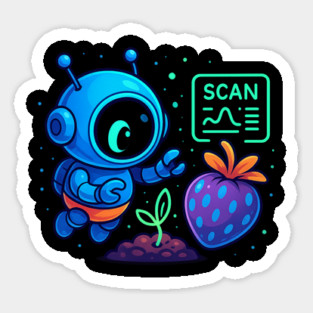 Cute Robot Scanning Sprout and Berry • Adorable Sci-Fi Nature Art Sticker