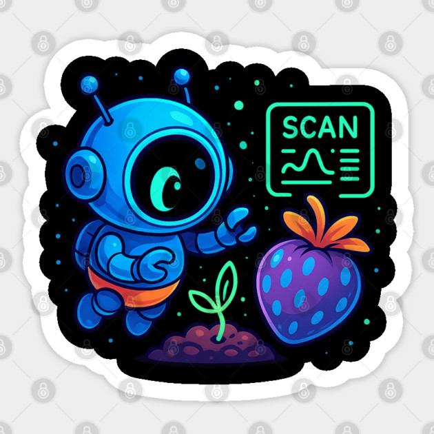 Cute Robot Scanning Sprout and Berry • Adorable Sci-Fi Nature Art Sticker by Anne Lee