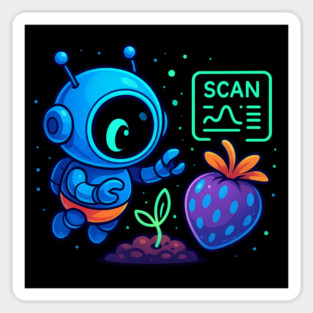 Cute Robot Scanning Sprout and Berry • Adorable Sci-Fi Nature Art Magnet