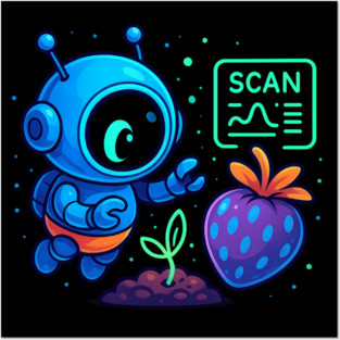 Cute Robot Scanning Sprout and Berry • Adorable Sci-Fi Nature Art Posters and Art