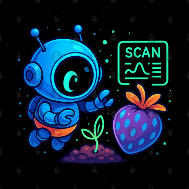 Cute Robot Scanning Sprout and Berry • Adorable Sci-Fi Nature Art by Anne Lee