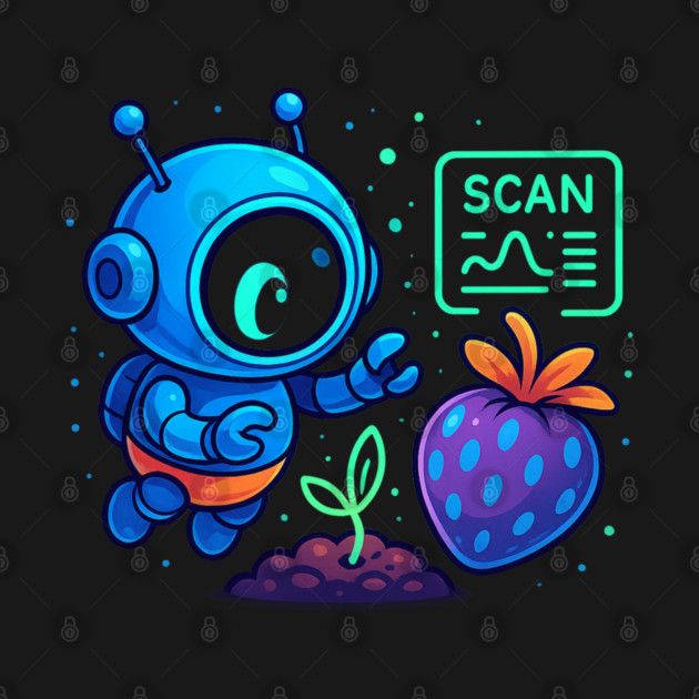 Cute Robot Scanning Sprout and Berry • Adorable Sci-Fi Nature Art by Anne Lee