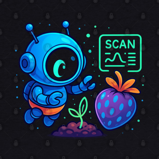 Cute Robot Scanning Sprout and Berry • Adorable Sci-Fi Nature Art by Anne Lee