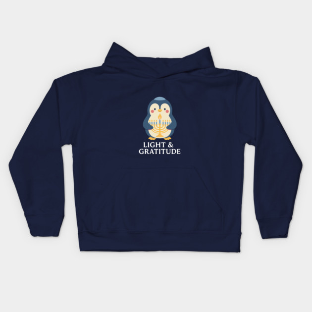 Light & Gratitude – Kawaii Menorah Penguin Kids Hoodie by Thank HaShem