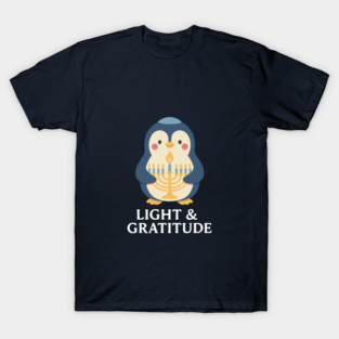 Light & Gratitude – Kawaii Menorah Penguin T-Shirt