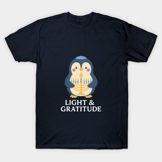 Light & Gratitude – Kawaii Menorah Penguin T-Shirt by Thank HaShem