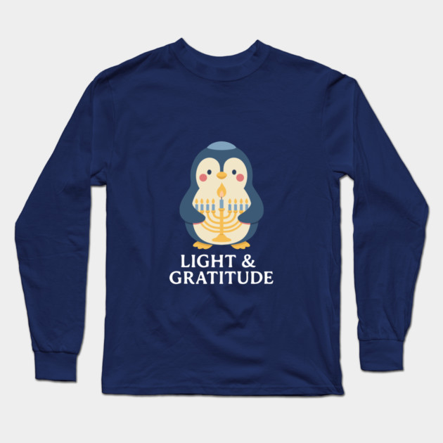 Light & Gratitude – Kawaii Menorah Penguin Long Sleeve T-Shirt by Thank HaShem