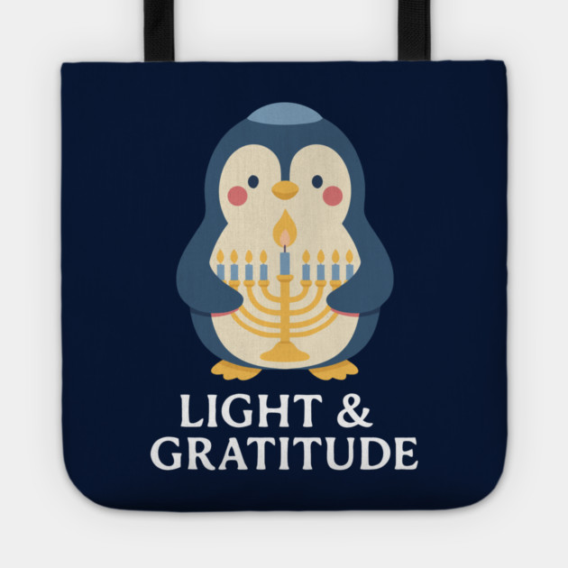 Light & Gratitude – Kawaii Menorah Penguin Tote by Thank HaShem
