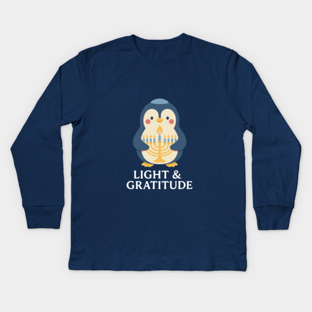 Light & Gratitude – Kawaii Menorah Penguin Kids Long Sleeve T-Shirt by Thank HaShem