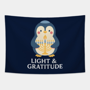 Light & Gratitude – Kawaii Menorah Penguin Tapestry
