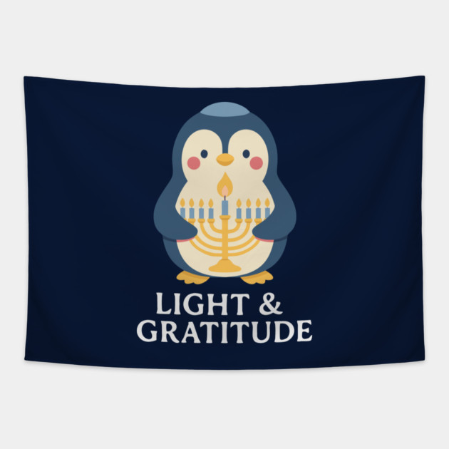 Light & Gratitude – Kawaii Menorah Penguin Tapestry by Thank HaShem
