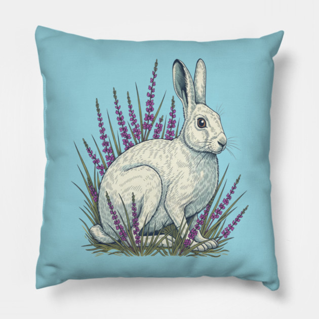 Mountain Hare with Soft Heather Sprigs Pillow by BirdsnStuff