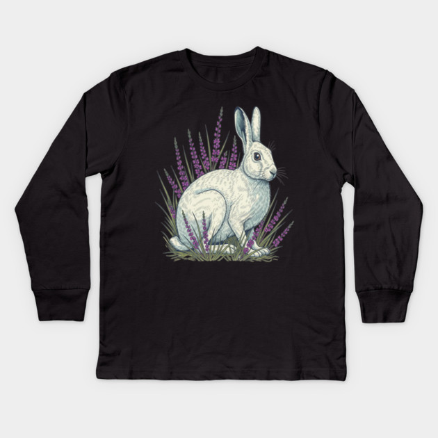 Mountain Hare with Soft Heather Sprigs Kids Long Sleeve T-Shirt by BirdsnStuff