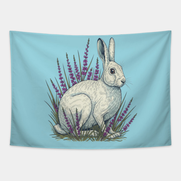 Mountain Hare with Soft Heather Sprigs Tapestry by BirdsnStuff