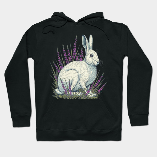 Mountain Hare with Soft Heather Sprigs Hoodie by BirdsnStuff