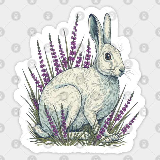 Mountain Hare with Soft Heather Sprigs Sticker by BirdsnStuff