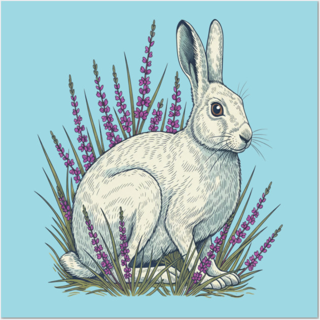 Mountain Hare with Soft Heather Sprigs Wall Art by BirdsnStuff