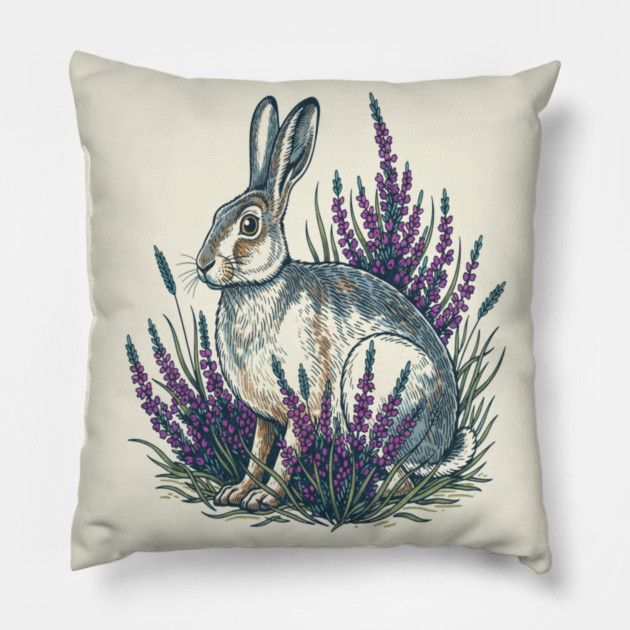 Mountain Hare with Purple Heather Meadow Pillow by BirdsnStuff