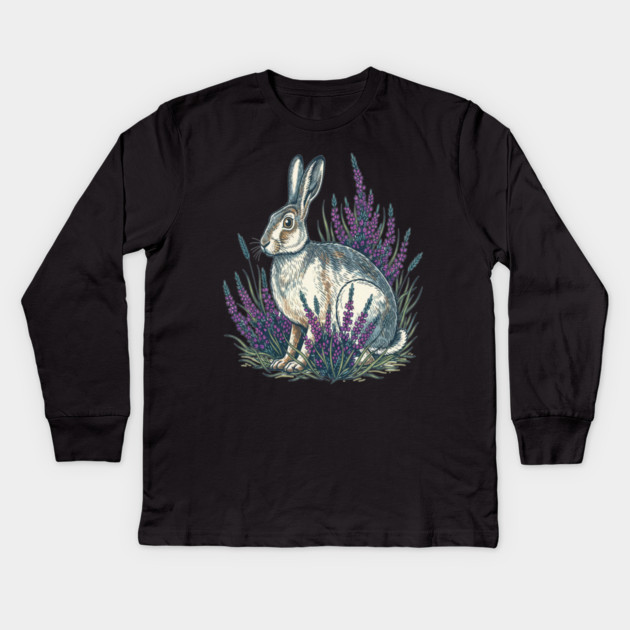 Mountain Hare with Purple Heather Meadow Kids Long Sleeve T-Shirt by BirdsnStuff