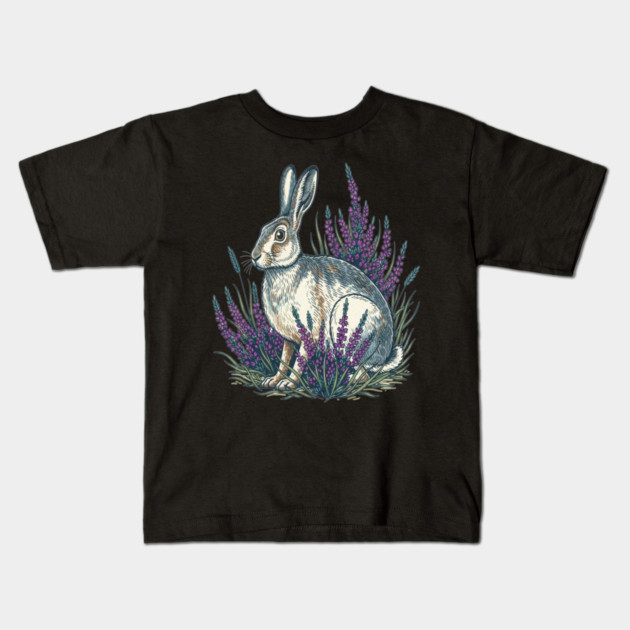 Mountain Hare with Purple Heather Meadow Kids T-Shirt by BirdsnStuff