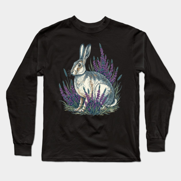 Mountain Hare with Purple Heather Meadow Long Sleeve T-Shirt by BirdsnStuff