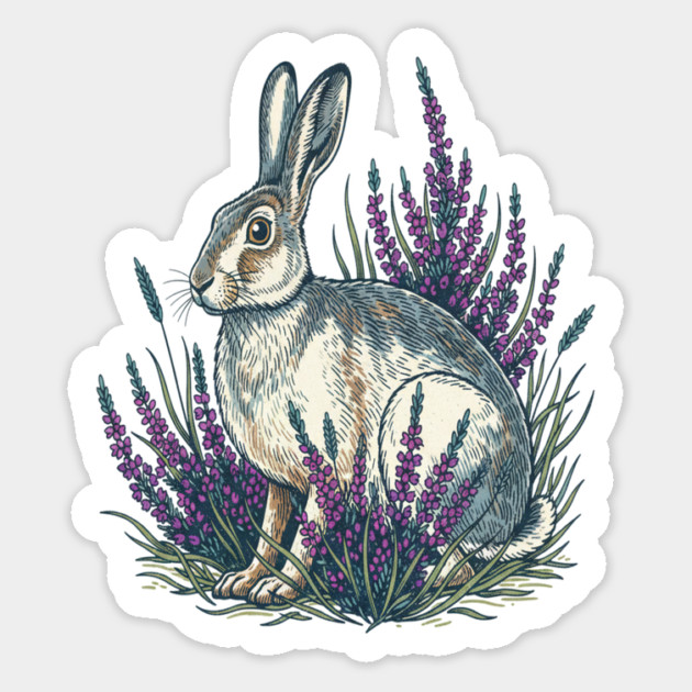 Mountain Hare with Purple Heather Meadow Magnet by BirdsnStuff