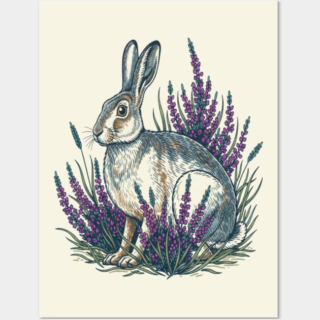 Mountain Hare with Purple Heather Meadow Wall Art by BirdsnStuff