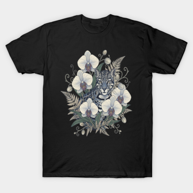 Ocelot with Pale Orchid Blossoms T-Shirt by BirdsnStuff