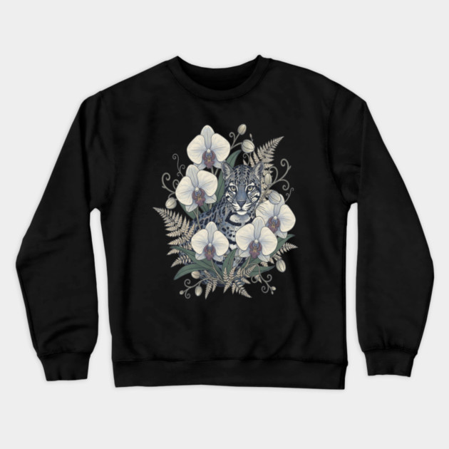 Ocelot with Pale Orchid Blossoms Crewneck Sweatshirt by BirdsnStuff