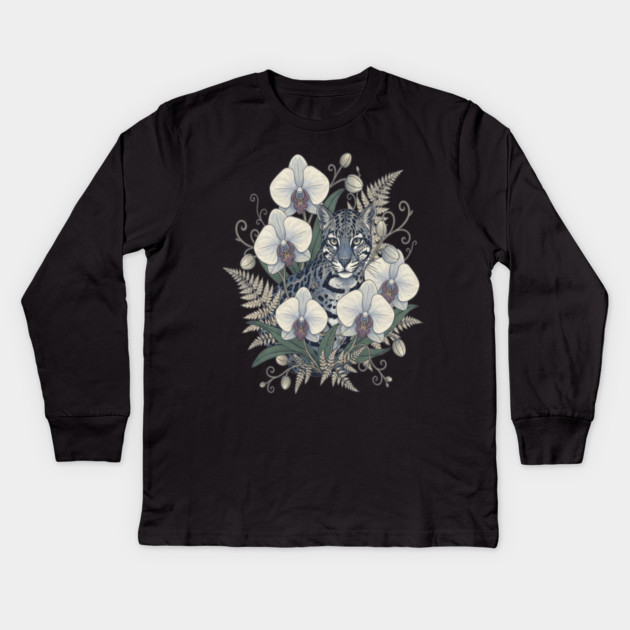 Ocelot with Pale Orchid Blossoms Kids Long Sleeve T-Shirt by BirdsnStuff