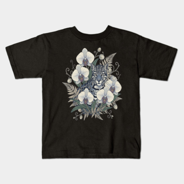 Ocelot with Pale Orchid Blossoms Kids T-Shirt by BirdsnStuff