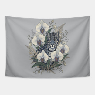 Ocelot with Pale Orchid Blossoms Tapestry