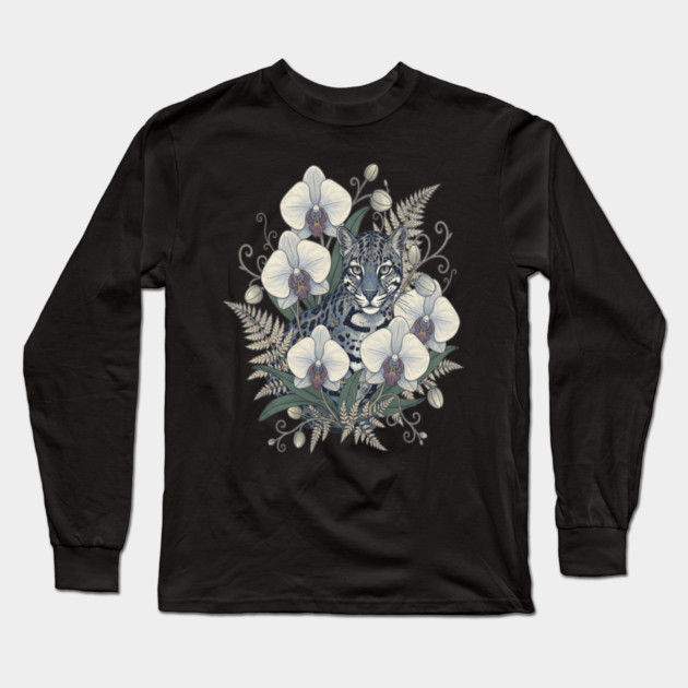 Ocelot with Pale Orchid Blossoms Long Sleeve T-Shirt by BirdsnStuff