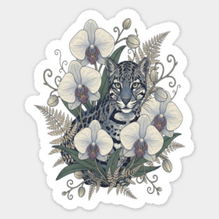Ocelot with Pale Orchid Blossoms Sticker