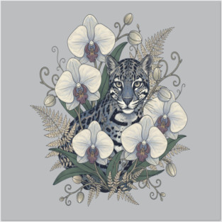 Ocelot with Pale Orchid Blossoms Posters and Art