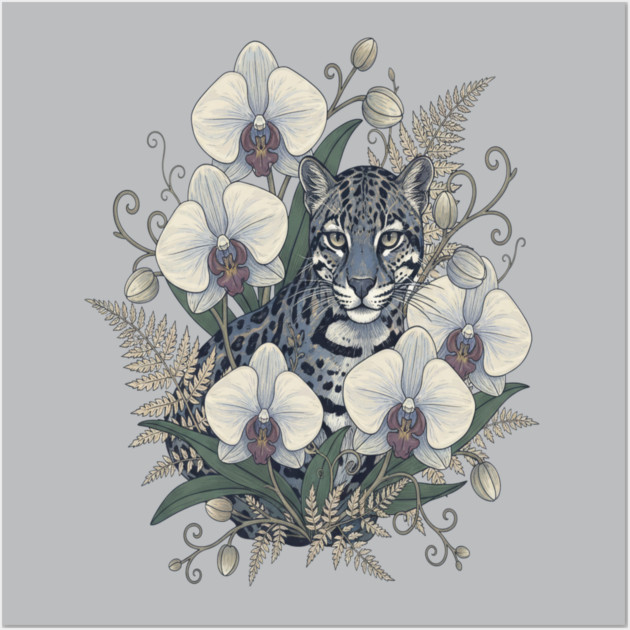 Ocelot with Pale Orchid Blossoms Wall Art by BirdsnStuff