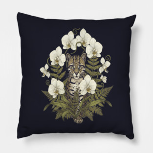 Ocelot with Pale Orchids and Ferns Pillow