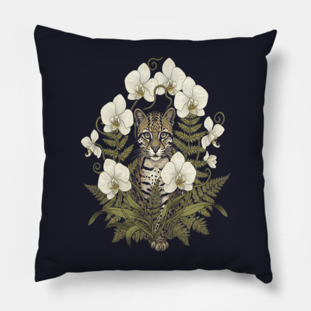 Ocelot with Pale Orchids and Ferns Pillow by BirdsnStuff