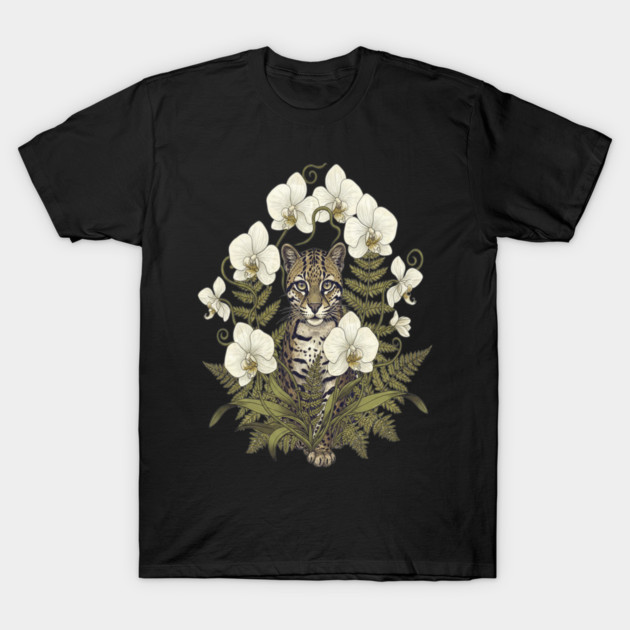 Ocelot with Pale Orchids and Ferns T-Shirt by BirdsnStuff