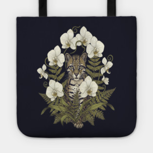 Ocelot with Pale Orchids and Ferns Tote