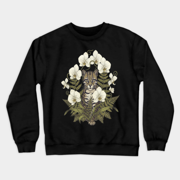Ocelot with Pale Orchids and Ferns Crewneck Sweatshirt by BirdsnStuff