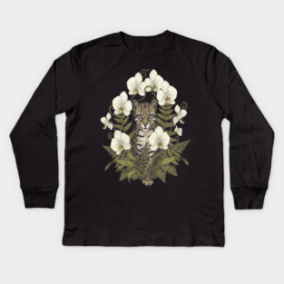 Ocelot with Pale Orchids and Ferns Kids Long Sleeve T-Shirt