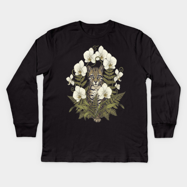 Ocelot with Pale Orchids and Ferns Kids Long Sleeve T-Shirt by BirdsnStuff