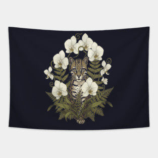 Ocelot with Pale Orchids and Ferns Tapestry