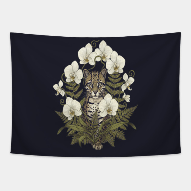 Ocelot with Pale Orchids and Ferns Tapestry by BirdsnStuff