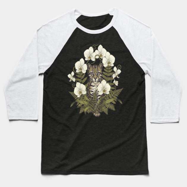 Ocelot with Pale Orchids and Ferns Baseball T-Shirt by BirdsnStuff