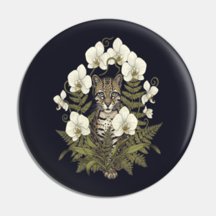 Ocelot with Pale Orchids and Ferns Pin