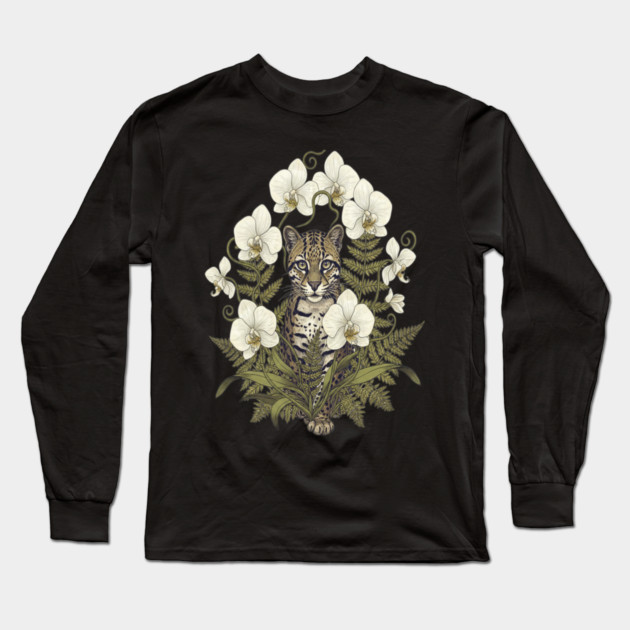 Ocelot with Pale Orchids and Ferns Long Sleeve T-Shirt by BirdsnStuff