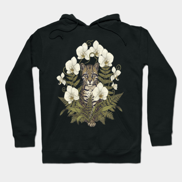 Ocelot with Pale Orchids and Ferns Hoodie by BirdsnStuff
